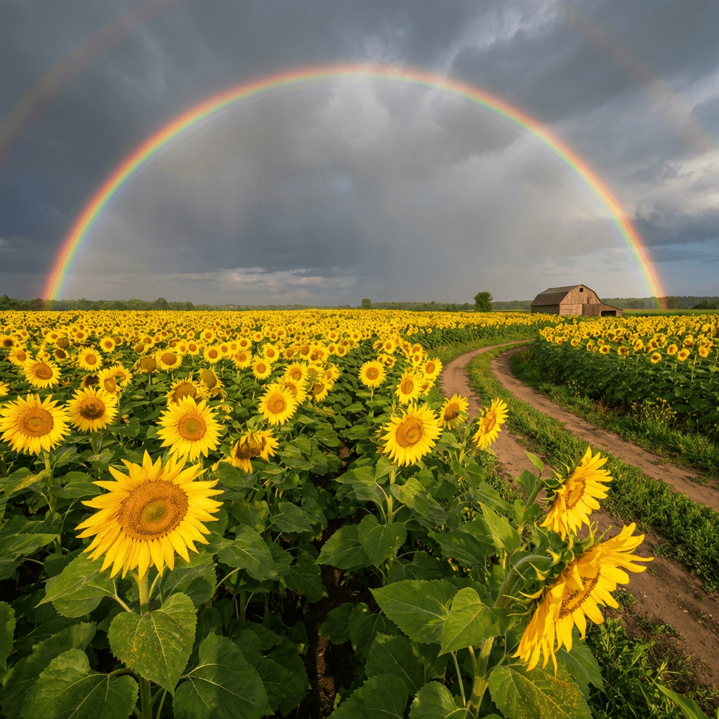 Field of bright yellow sunflowers with a double rainbow and a barn in the distance